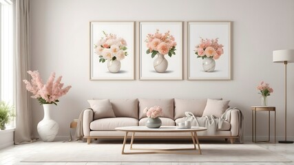 Living room with three vertical frame mockups, light sofa and interior decoration with ornamental plants. Scandinavian style stock photo
