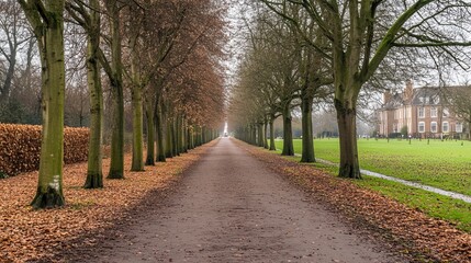 Obraz premium A long, tree-lined pathway leads to a grand house on a misty day. Fallen leaves carpet the path, creating a serene autumnal scene