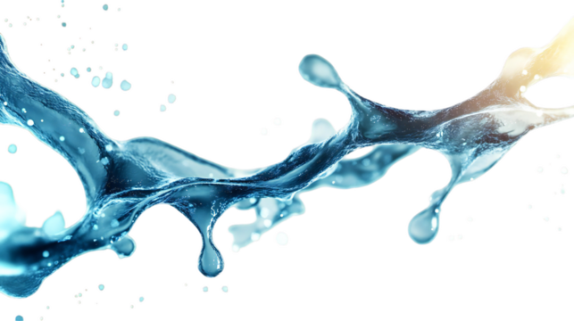 Dramatic water splash with dynamic curves and droplets, shimmering with light, displayed on transparent background