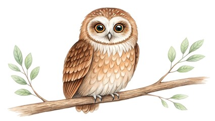 Cute owl sitting on a branch with leaves