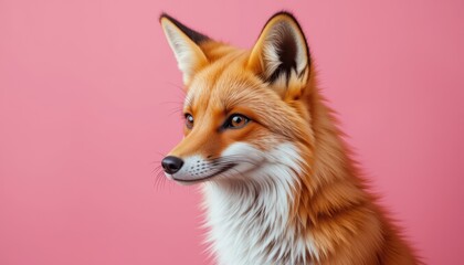 Fototapeta premium Fox in Pink Studio: A majestic fox with vibrant orange fur gazes thoughtfully, set against a soft pink backdrop in a professional studio setting.