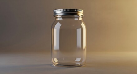 Empty glass mason jar with metal lid, studio shot, simple, clear glass,  neutral background.