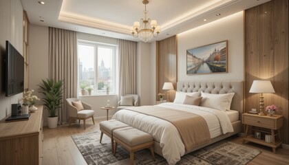 Fototapeta premium the image showcases a well lit bedroom with a neutral color palette. a large bed with a button tufted headboard is the focal point, neatly adorned with pillows and a cream colored blanket and throw