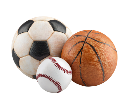 Collection of essential sports equipment including soccerball, basketball, and baseball arranged together tightly on transparent background