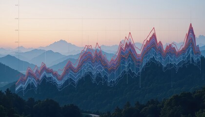 Data Mountains: A stylized data visualization intertwines with a natural mountain range, seamlessly blending the realms of technology and the environment, with vibrant colors.