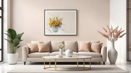 A stylish, inviting interior with warm neutral tones, sleek contemporary furniture and wooden shelving. beautiful interior design.
