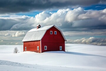 A classic red barn stands covered in snow under a dramatic cloudy sky in a vast, rolling winter landscape