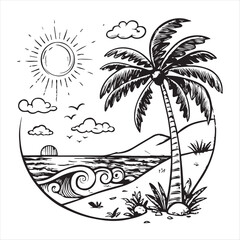 tropic style vacation hand drawn sun and waves