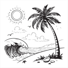 tropic style vacation hand drawn sun and waves
