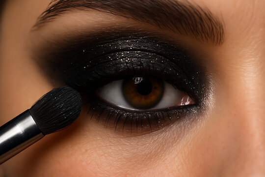 Close up of woman's eye with dramatic black smoky eyeshadow makeup, makeup brush applying dark glitter pigment, beauty cosmetics fashion editorial look, professional eye makeup application