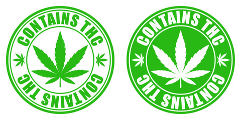 Contains thc green sign isolated on transparent background. Vector warning emblem that product may contain thc, medical use only, danger for kids and pets.