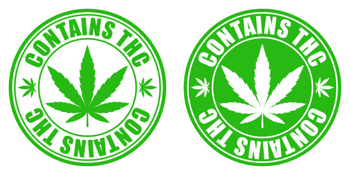 Contains thc green sign isolated on transparent background. Vector warning emblem that product may contain thc, medical use only, danger for kids and pets.