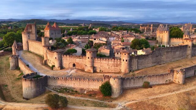 Fortified city of Carcassonne aerial view, drone shot of a medieval town in the south of France at sunset, French historic city and famous tourist destination