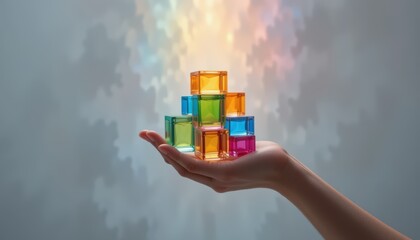 Innovation in Hand: A single outstretched hand cradles a vibrant collection of colorful blocks, symbolizing the power of human potential and creativity.