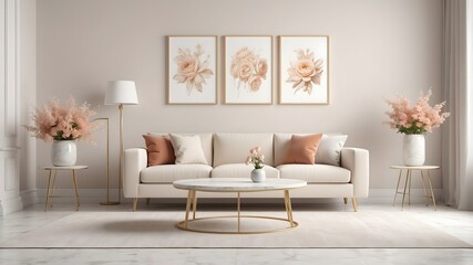 Living room with a sofa and picture frames bathed in warm sunlight- 3D rendering