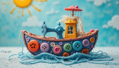 Handmade Button Boat Sailing the Dream: A whimsical handcrafted boat, artfully constructed with vibrant buttons, sails joyfully across a dreamlike sky.