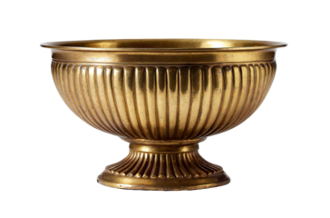 Decorative golden bowl with fluted design and pedestal base, shimmering elegantly on transparent background
