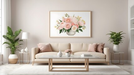 Modern interior living room features an sofa and decorative accessories against a white-colored wall- 3D rendering