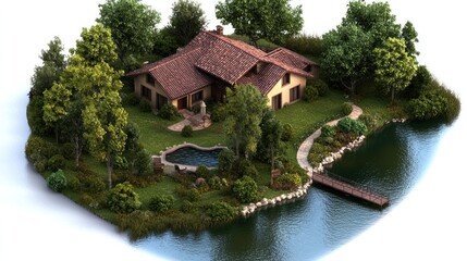 Obraz premium Isometric lakefront house with garden, tranquil scene