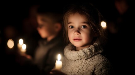 A child s serene gaze in the warm glow of Christmas candles