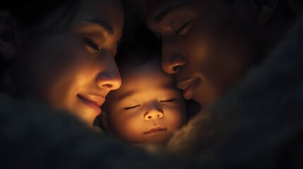 Parents watching their child sleep with a gentle smile