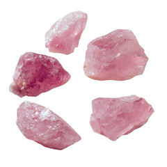 Five raw rose quartz stones, crystalline formations displayed with light pink color, beautifully isolated on transparent background