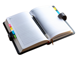  Angled View of Open Notebook Planner with Pen and Folded Sticky Tabs on Wood