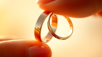 Two golden rings intertwined, symbolizing love and commitment with warm lighting.