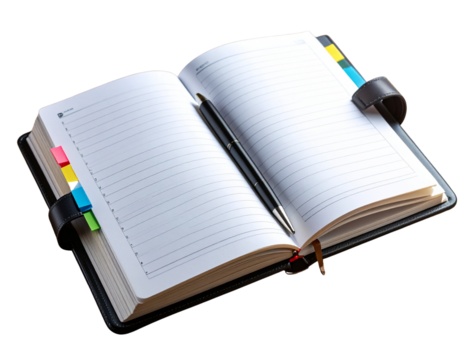  Angled View of Open Notebook Planner with Pen and Folded Sticky Tabs on Wood