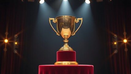 A gleaming gold trophy sits on a velvet stand, radiating achievement and prestige.