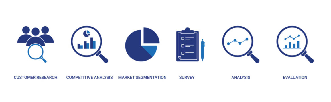 Market Research icon set with customer research, competitive analysis, market segmentation, survey, analysis and evaluation concept illustration