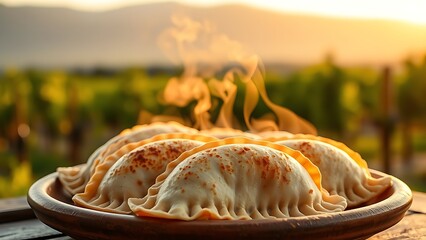 Traditional empanadas on rustic clay plate, steam rising against softly blurred vineyard in golden hour light.