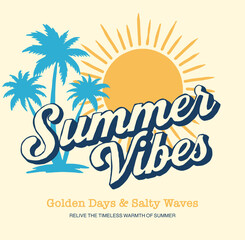 Summer vibes vintage graphic print design. Beach vibes with board print design. Hand sketch beach vector design. flamingo artwork. © Agung