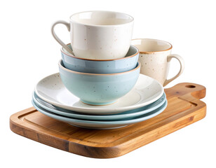 Fototapeta premium Ceramic Dinnerware Set with Mug and Bowl on Wooden Board.