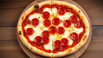 Pepperoni pizza with melted cheese, captured on a rustic wooden background for a delicious appeal.