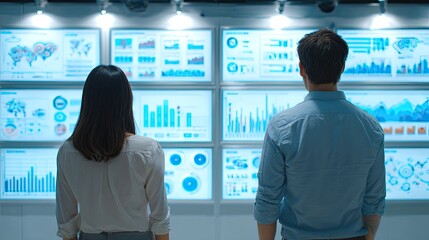 Two Colleagues Analyze Data on Illuminated Screens