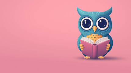 Obraz premium Cute owl reading a book against a pink background
