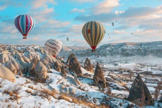 Hot air balloons soar over snow-covered Cappadocia landscape during early morning light