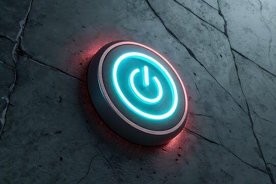 Futuristic Neon Glowing Power Button Symbol on Dark Textured Concrete Background – Conceptual Technology Image Representing Startup, Reboot, Innovation, or Modern Digital Activation