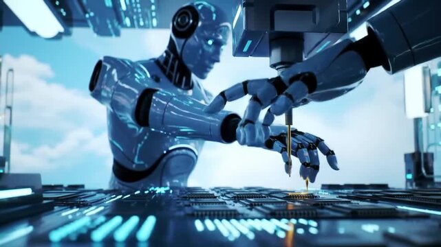 A robotic figure uses a tool to assemble or repair another smaller robot, reflecting AI's ability to replicate and build autonomously.