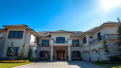 Elegant residence entrance with architectural details under a clear blue sky, exuding luxury.