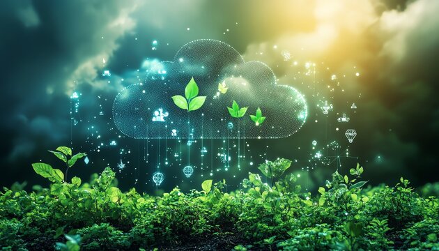 Green technology, cloud computing, nature, sustainability, eco-friendly, growth, digital transformation, environmental protection, innovation.