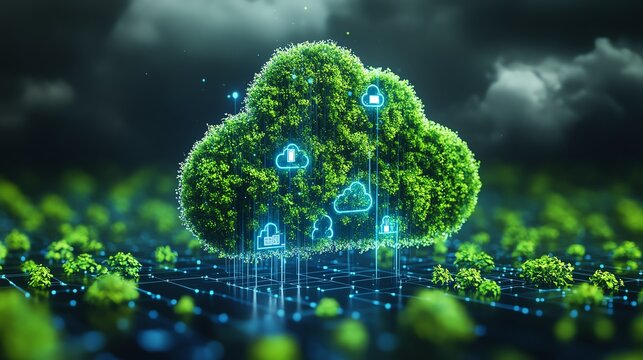 AIdriven cloud design with natureinspired symbols and renewable energy, symbolizing technological innovation for climate adaptation and sustainability
