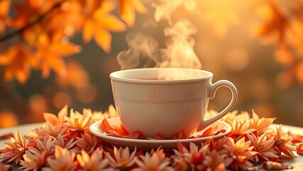 Delicate autumn chrysanthemum petals surrounding jasmine tea, with maple leaf bokeh, evoking cultural serenity.
