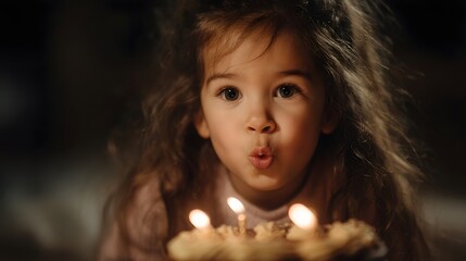 Joyful child blowing out birthday candles on cake