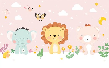 Naklejka premium cute animal wallpaper for kids room, pastel color theme, generative AI design, playful animal illustrations, colorful decor, soft background, children s room ambiance