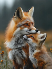 Fototapeta premium Fox mother and cub share a tender moment in a serene natural setting