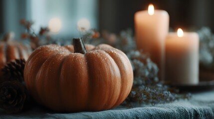 Cozy autumn tabletop with pumpkin and candles