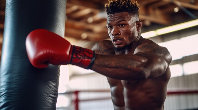 A muscular man delivers a powerful punch to a heavy bag.