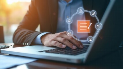 Document Review and Quality Control Process. businessman using laptop, document review and quality control process with digital icons checklist verification, approval, and performance.
